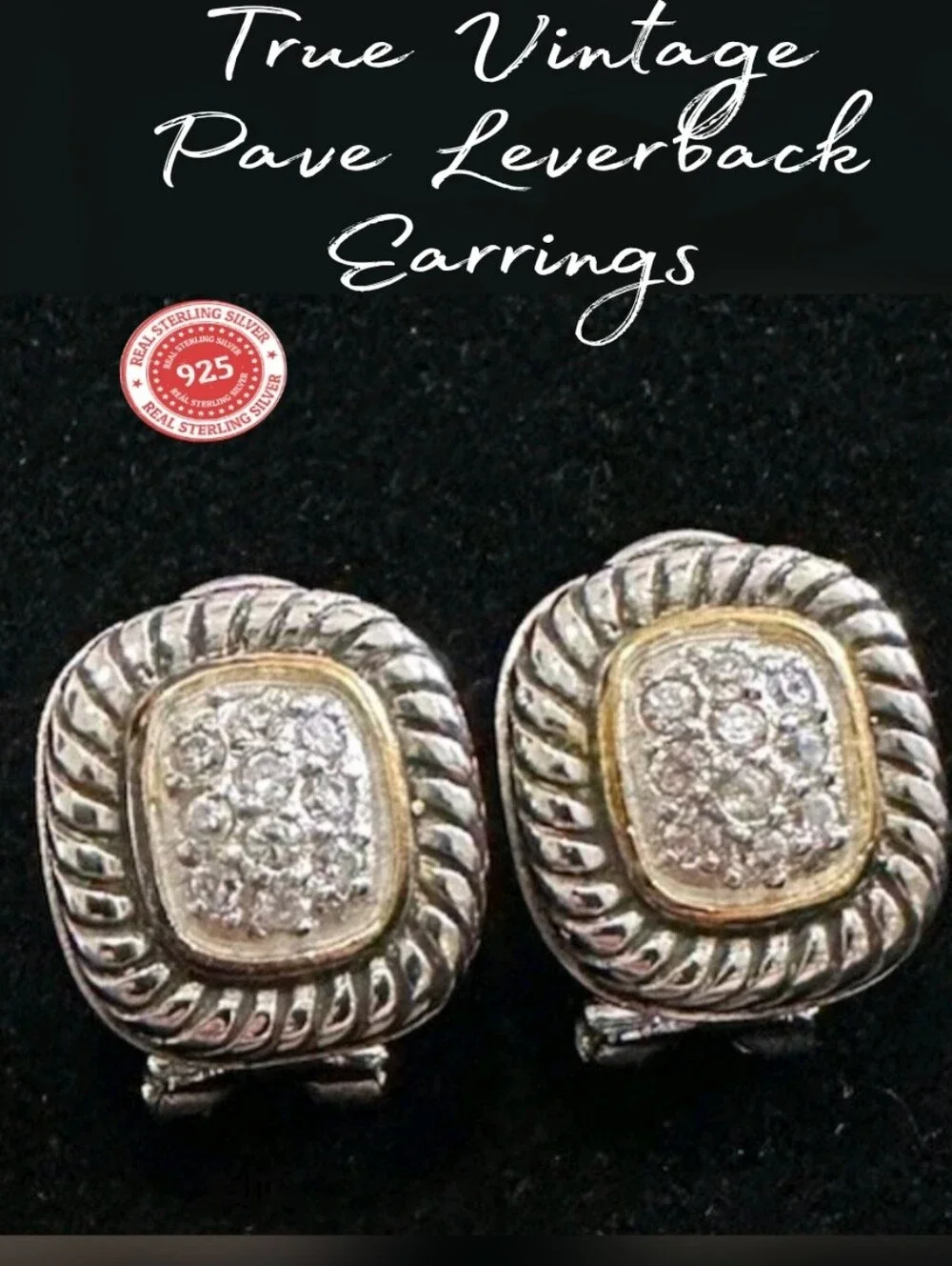 Vintage Sterling Silver 925 Gold Pave Leverback Earrings - Silver/Gold Stunning